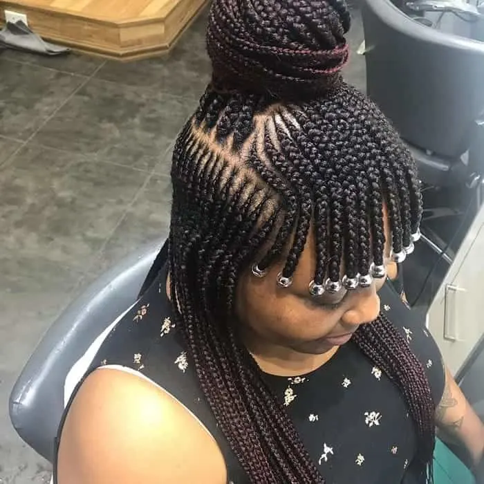 cornrow braided updo with braided bangs