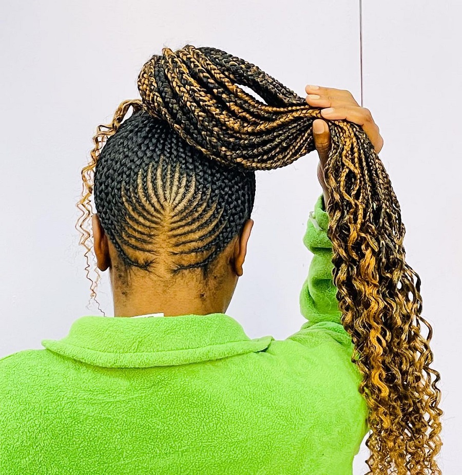 cornrow ponytail with curly ends