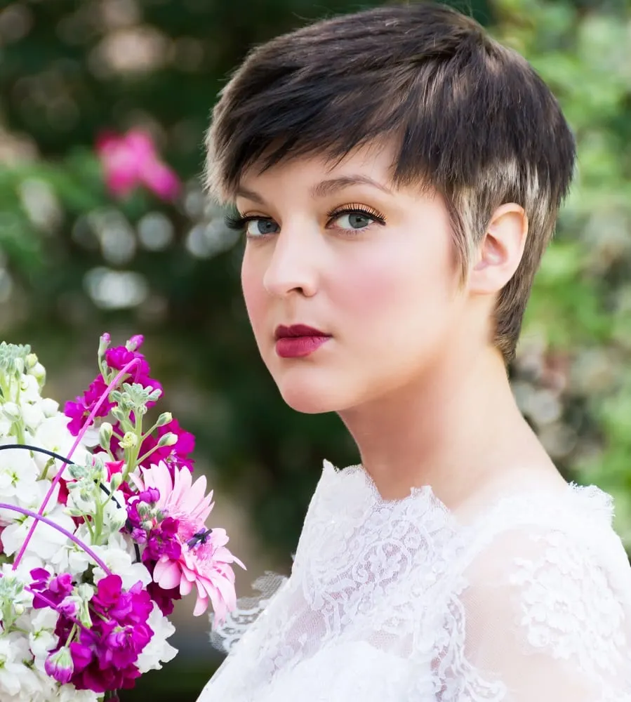 country wedding hairstyle for bride with pixie cut
