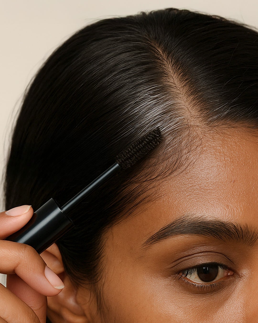 Woman using hair mascara to conceal gray roots at the hairline