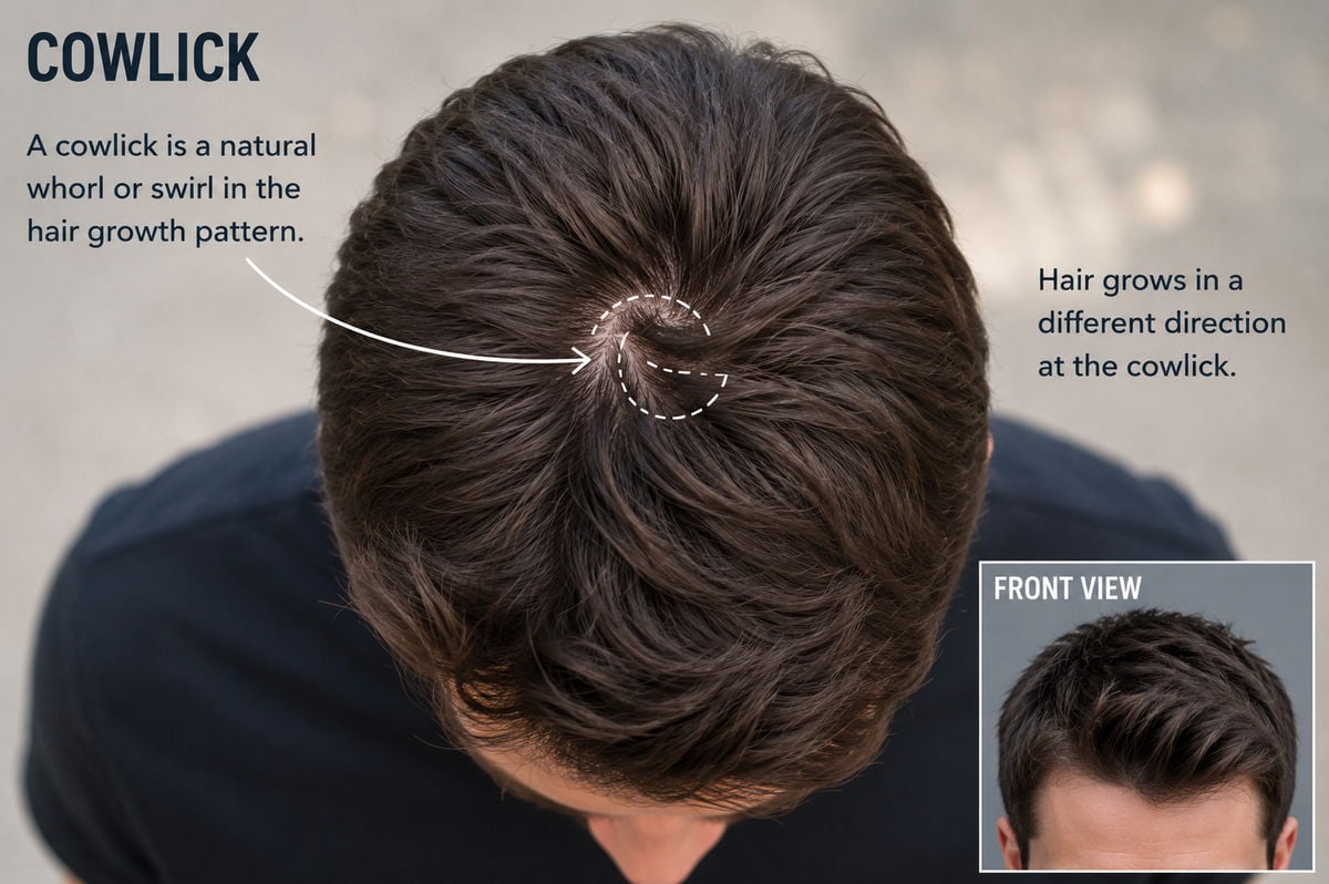Cowlick at the crown where hair grows in a different direction from the hair around it