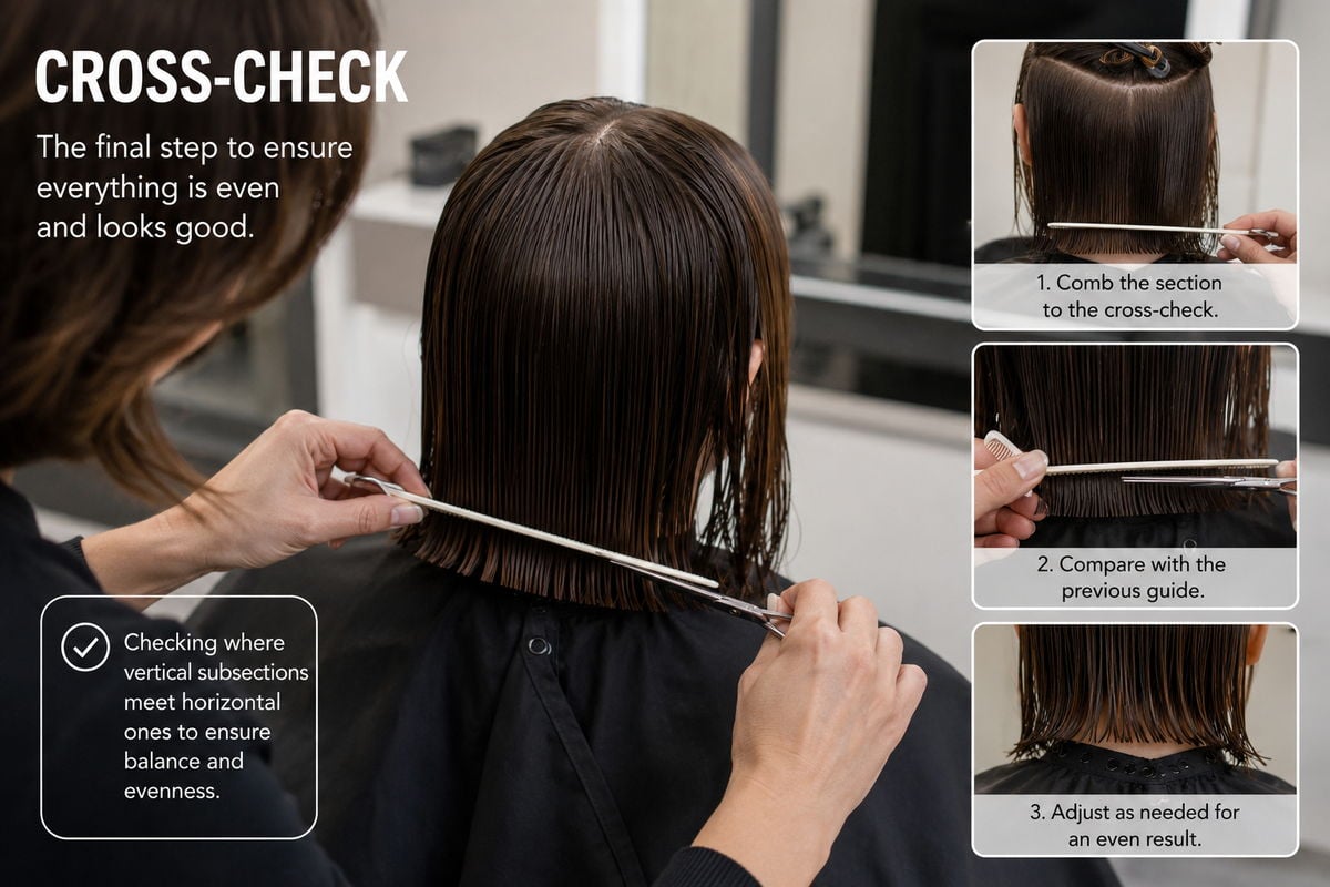 Stylist cross-checking a bob, combing vertical subsections against horizontal ones to confirm the cut is even