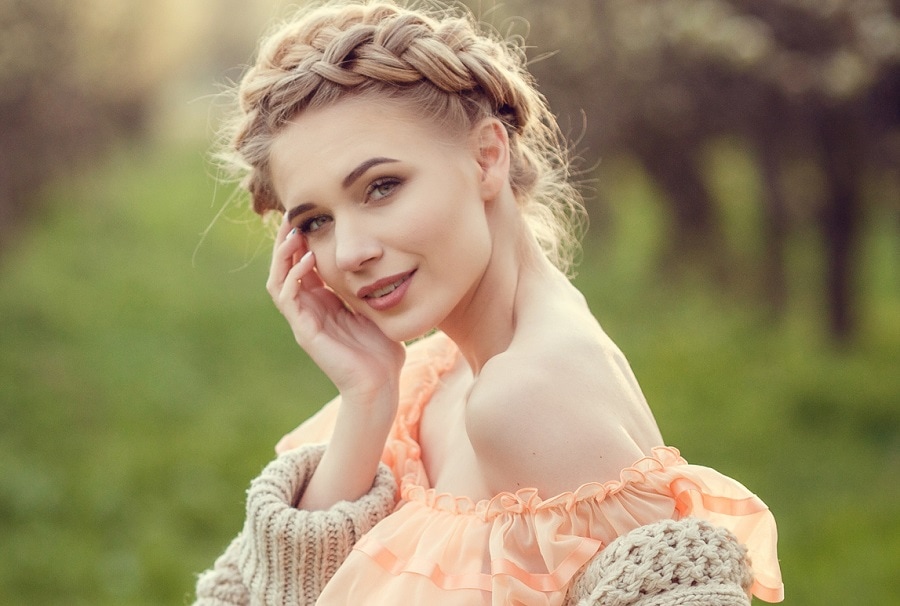 crown braid hairstyle for off shoulder dress