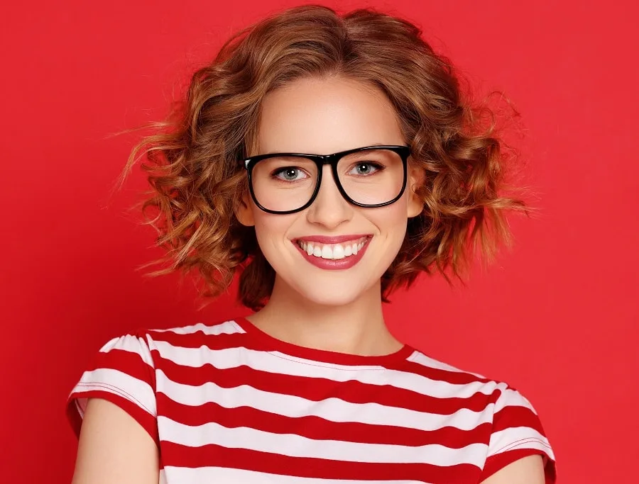 Curly bob hairstyle with glasses