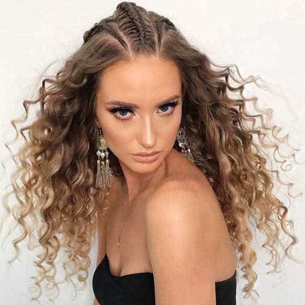 braided curly brown hair with blonde highlights