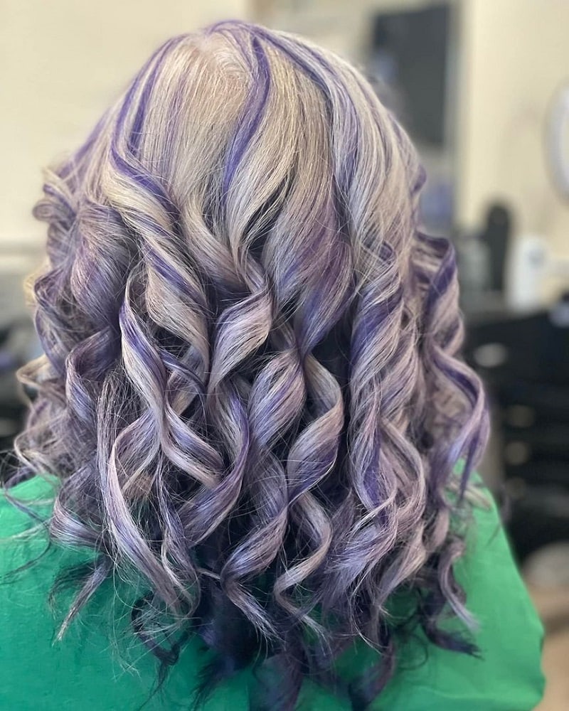 curly gray hair with purple highlights