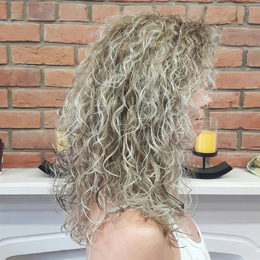 curly grey hair with lowlights