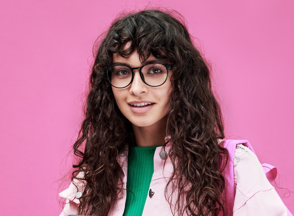curly hair bangs for square faces with glasses