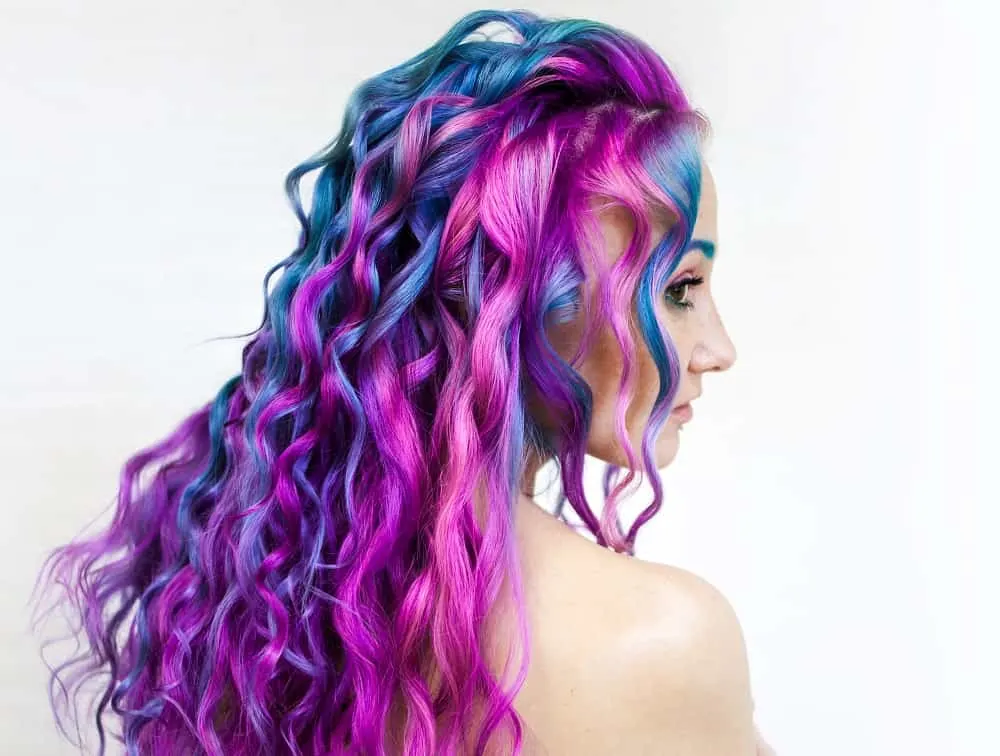 curly hair with blue highlights