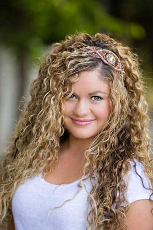long blonde curly hair with headband