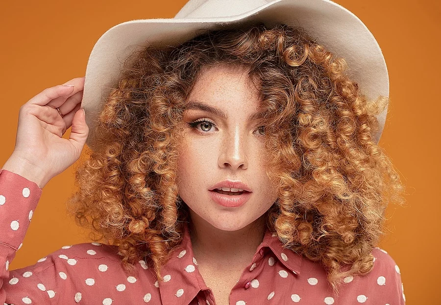 curly hairstyle with floppy hat