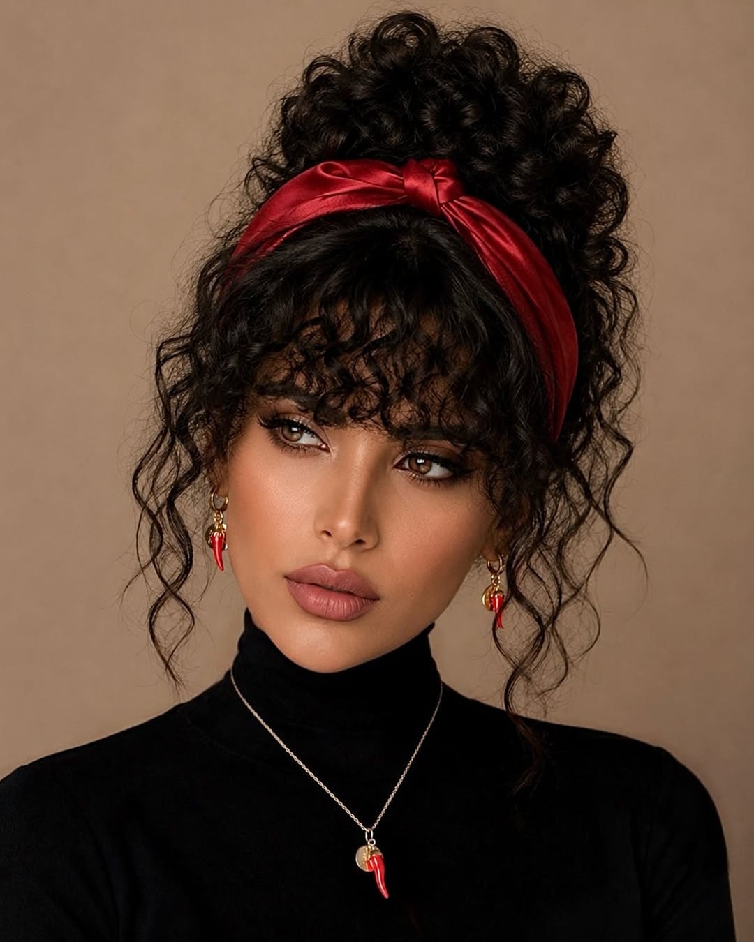 curly high bun updo with a red headband and curly bangs