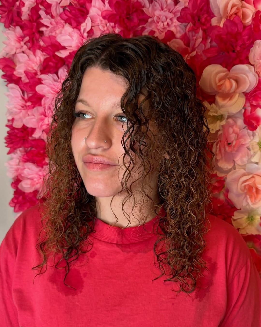 medium length brown curly perm hairstyle