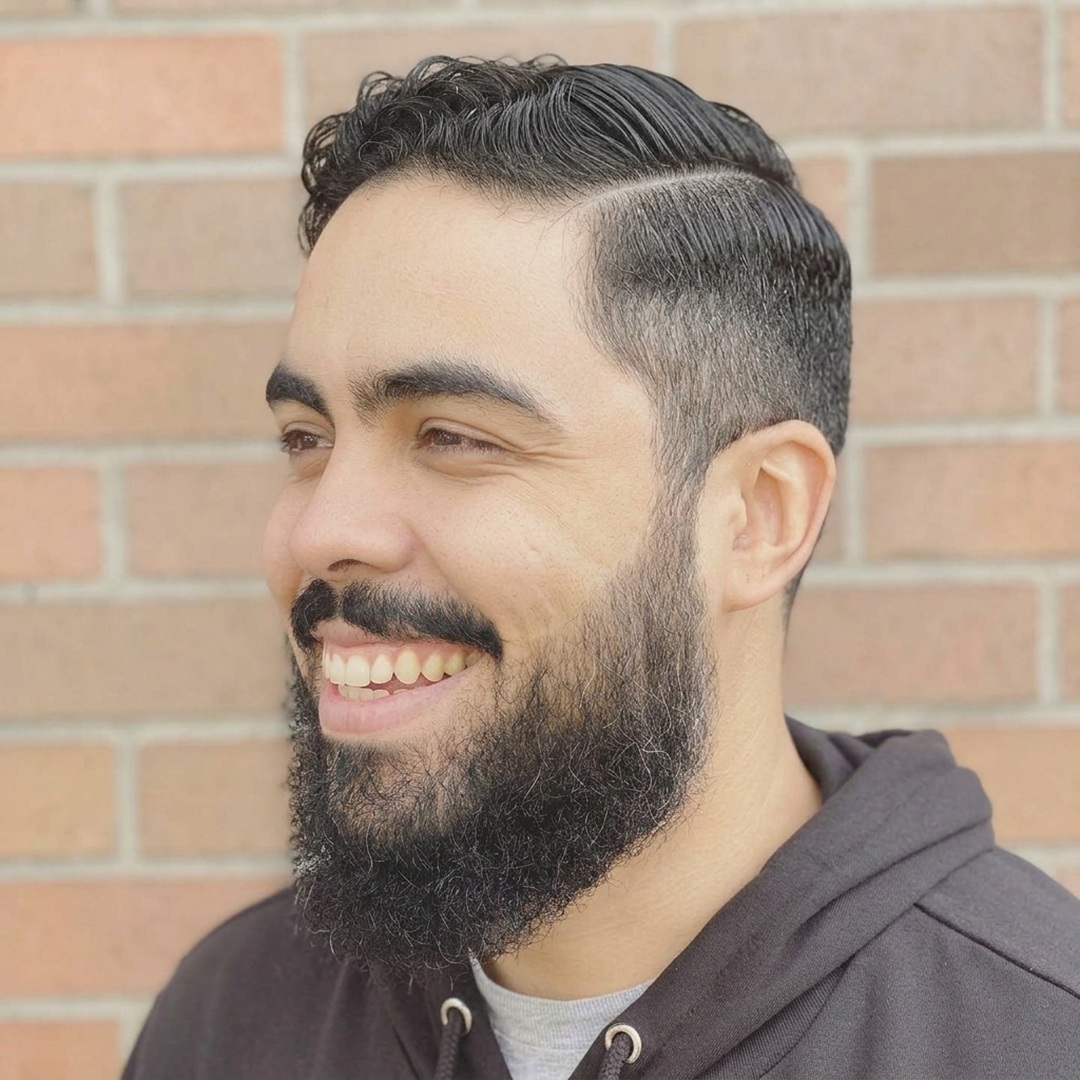 Curly side part haircut with low fade