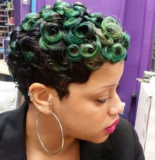 green and black pin curly hairstyle