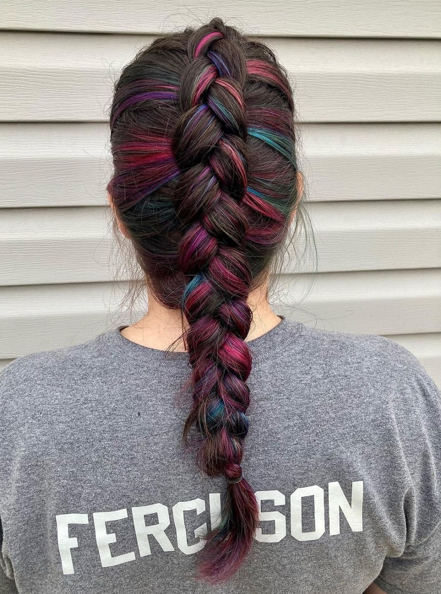 dark brown french braid with highlights