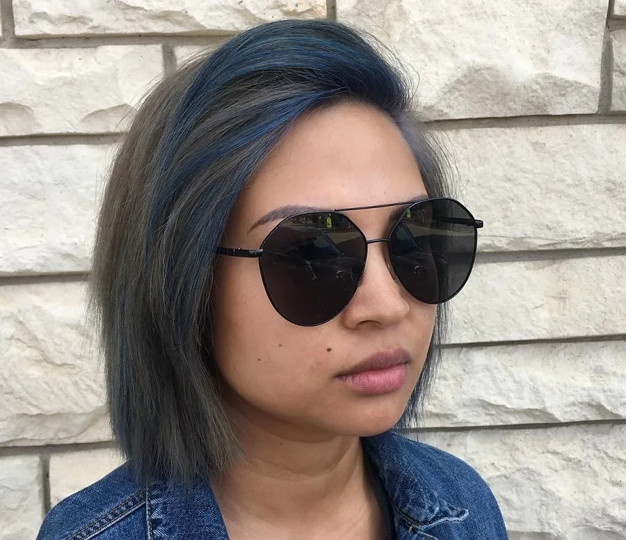 dark gray bob with blue highlights