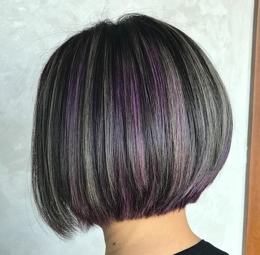 dark gray hair with lavender highlights