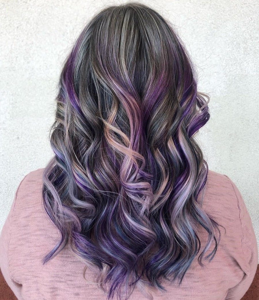 dark gray hair with purple highlights