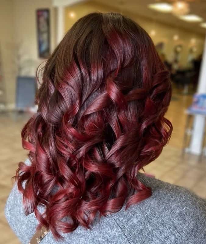 dark hair with black cherry red highlights