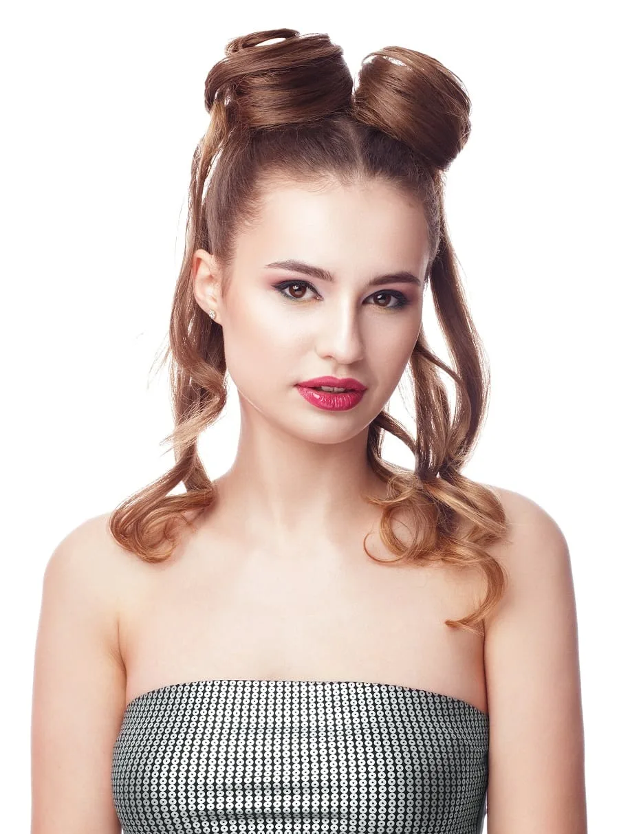double bun hairstyle for strapless dress