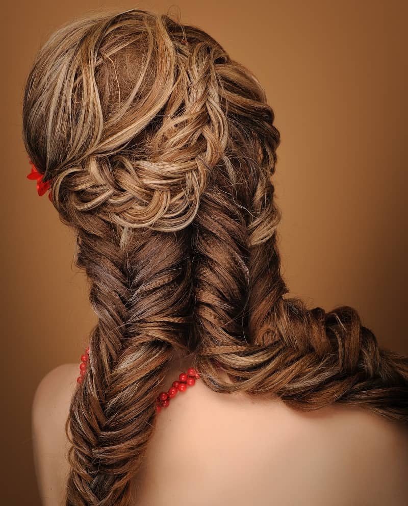 double fishtail braids with crimped hair