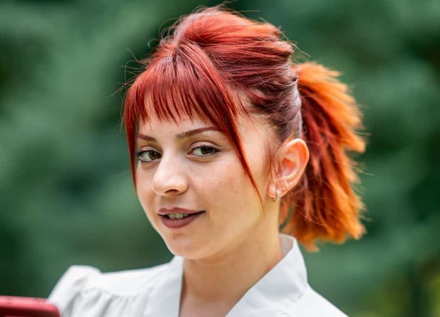 dyed ponytail with bangs