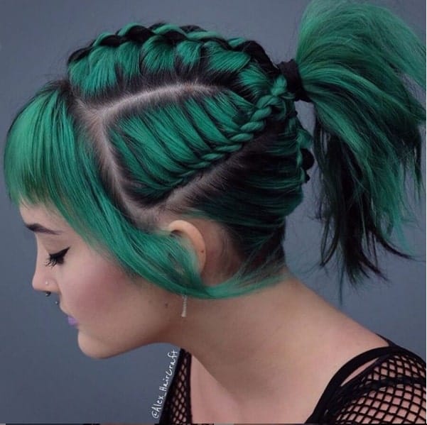emerald green french braid with bangs