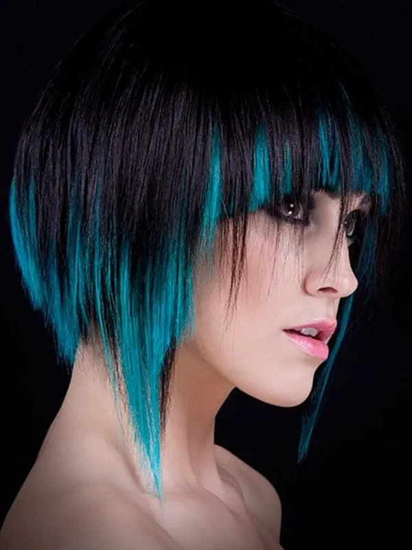 emo style black hair with blue tips