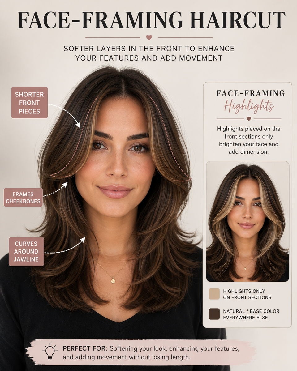 Face-framing haircut with shorter front pieces curving around the cheekbones and jawline