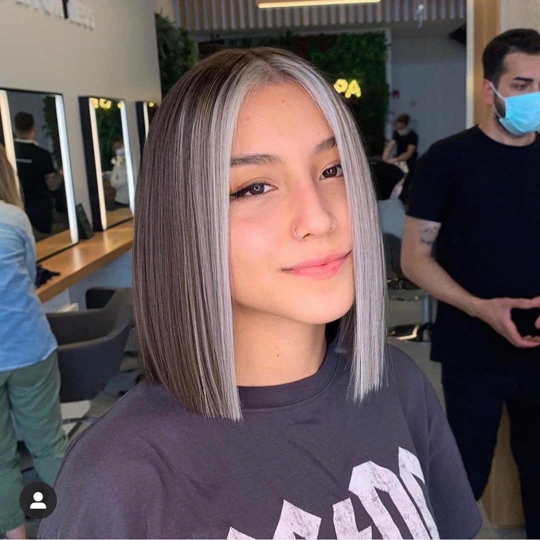 Woman with a sleek dark chocolate brown bob featuring face-framing silver highlights