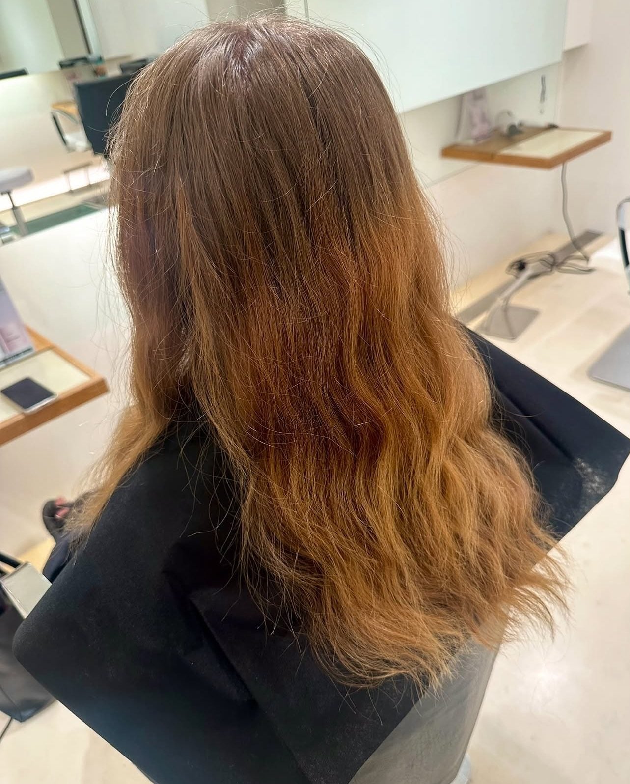 Back view of hair with three bands: natural regrowth at the roots, grown-out brunette box dye through the middle, and porous washed-out ends