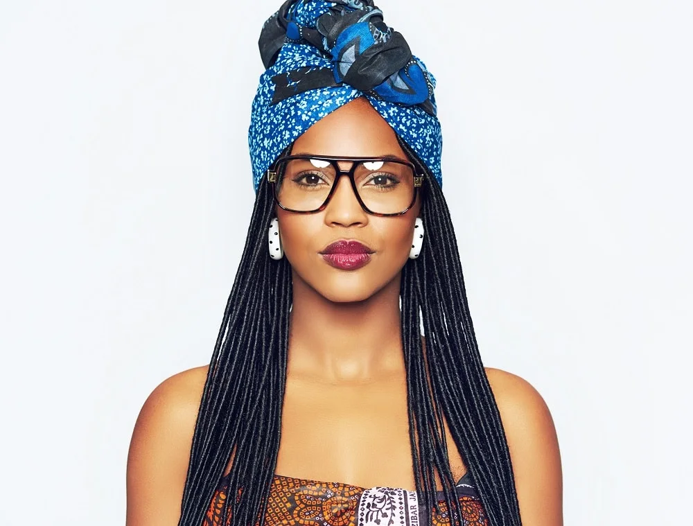faux locs hairstyle with scarf