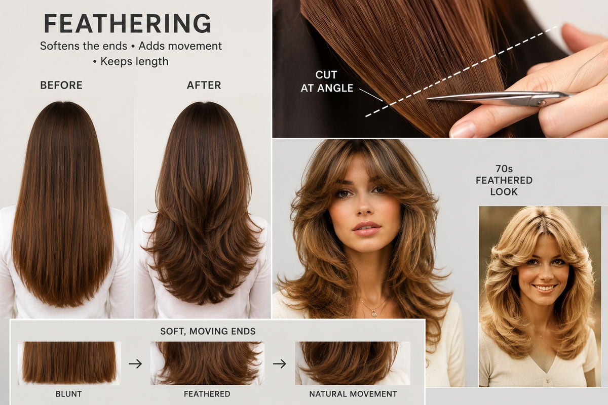 Feathering haircut technique shown before and after, with ends cut at an angle so they taper and move