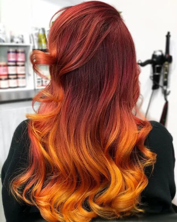 fire ombre on long wavy hair