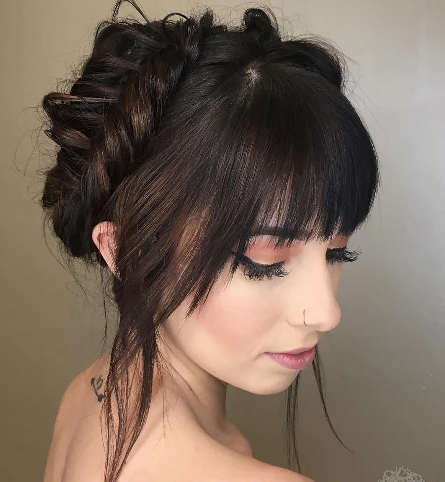 fishtail updo with bangs