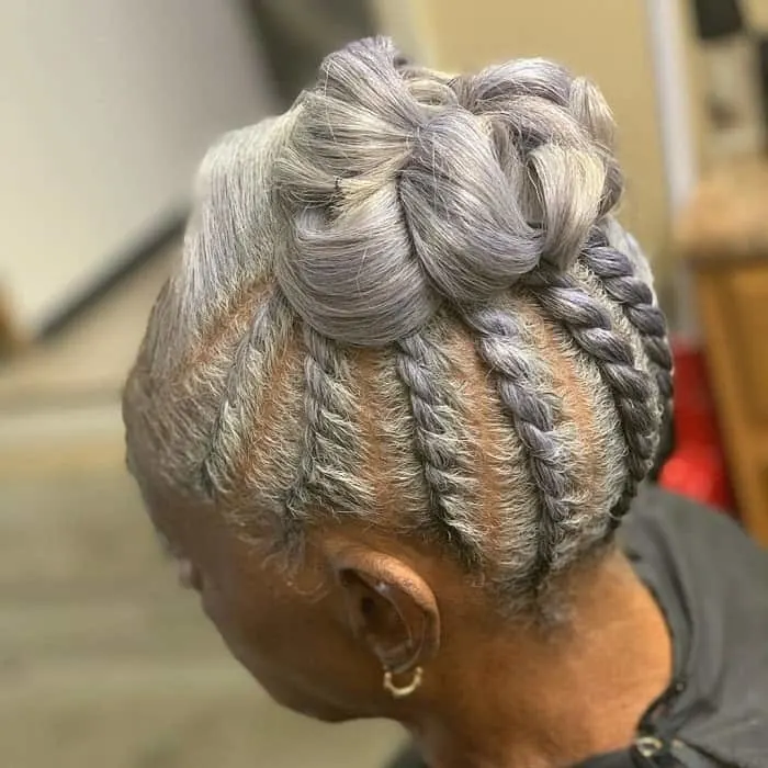 flat twist updo for grey hair