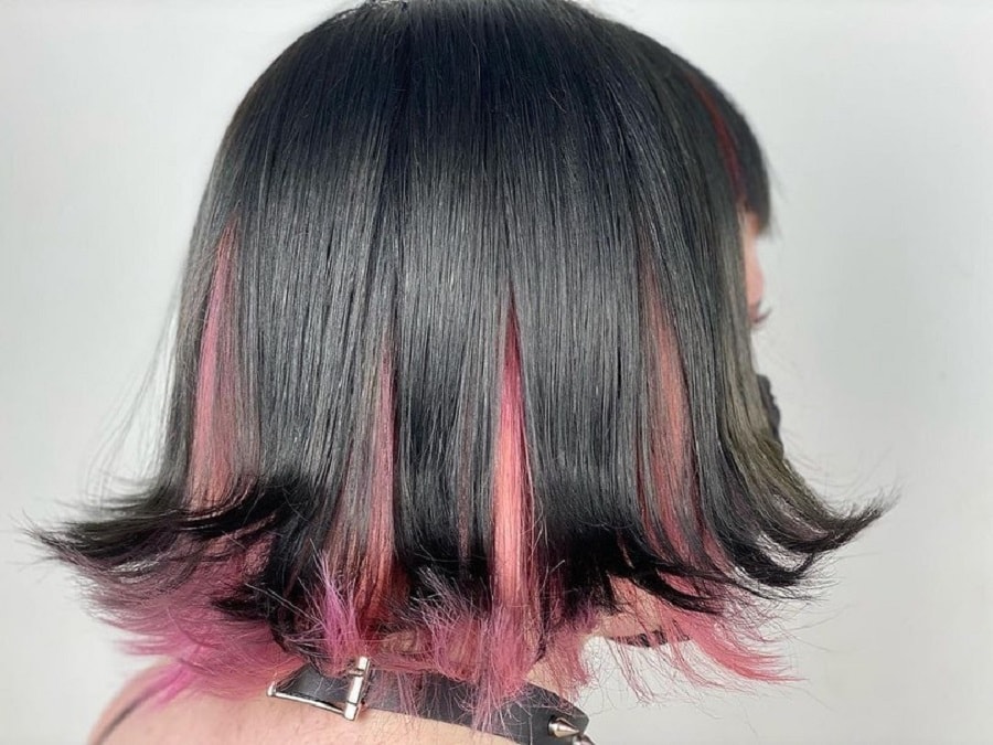 flipped black bob with pink underneath