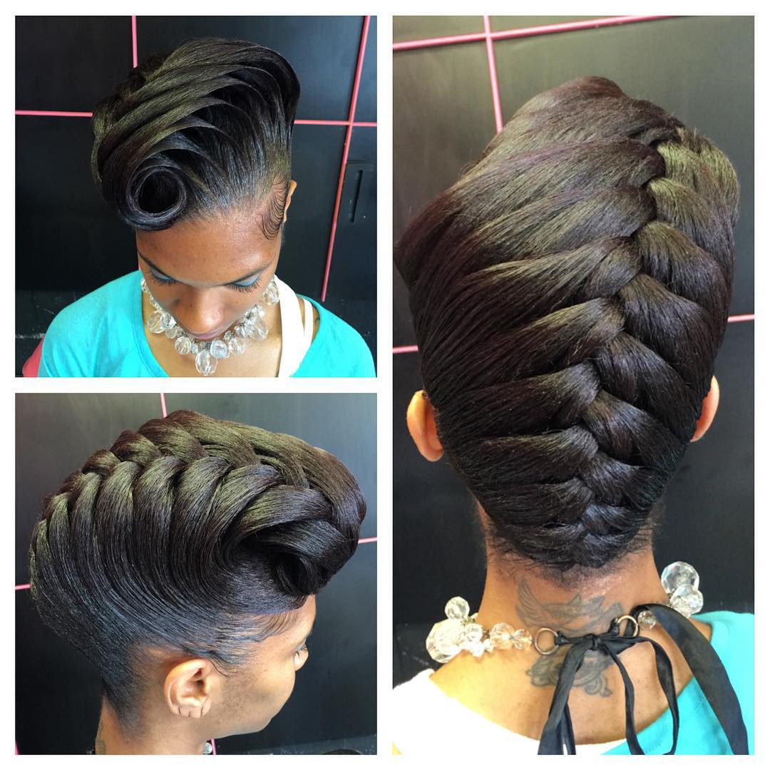 French-braided updo with smooth sides and a large rolled front, shown from three angles.