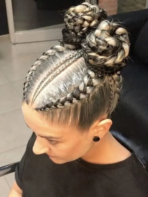front braided hair with double buns