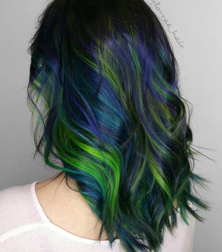 girl Glowing Green Peacock Hair Color