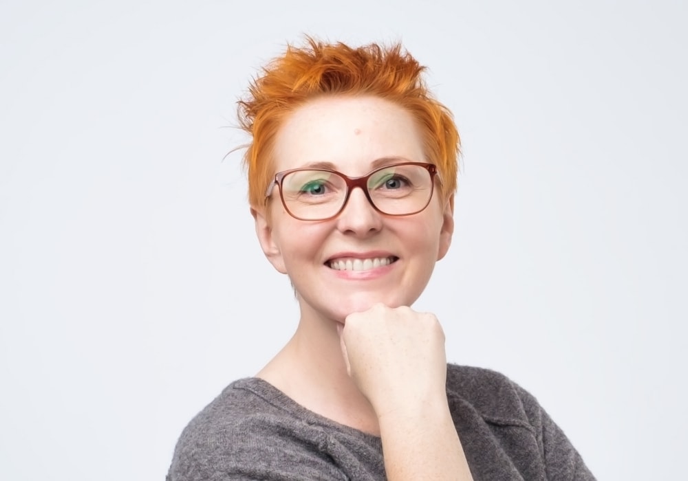 ginger pixie cut for older ladies with glasses