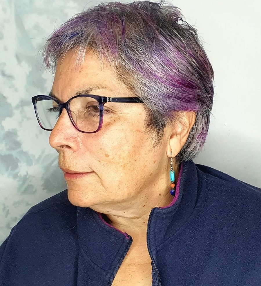 Gray hair with dark purple highlights