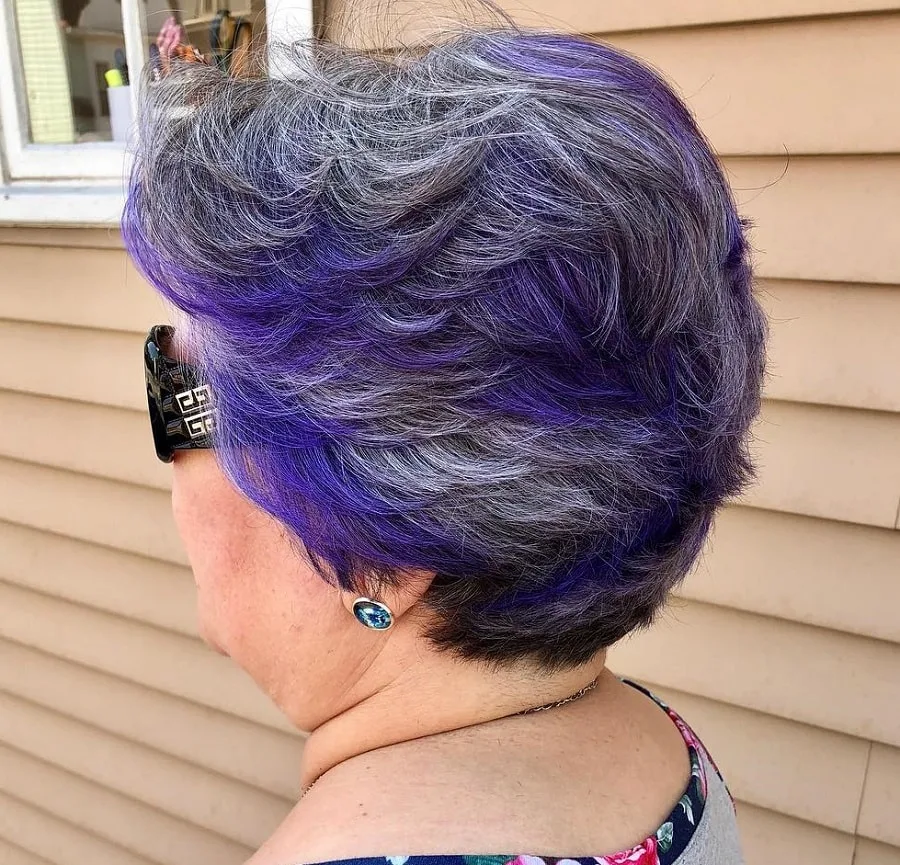 gray pixie with dark purple highlights