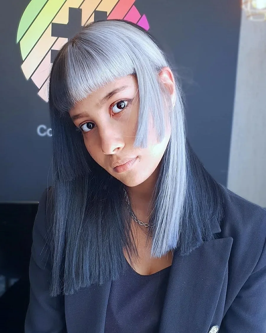 grey and black hair with bangs