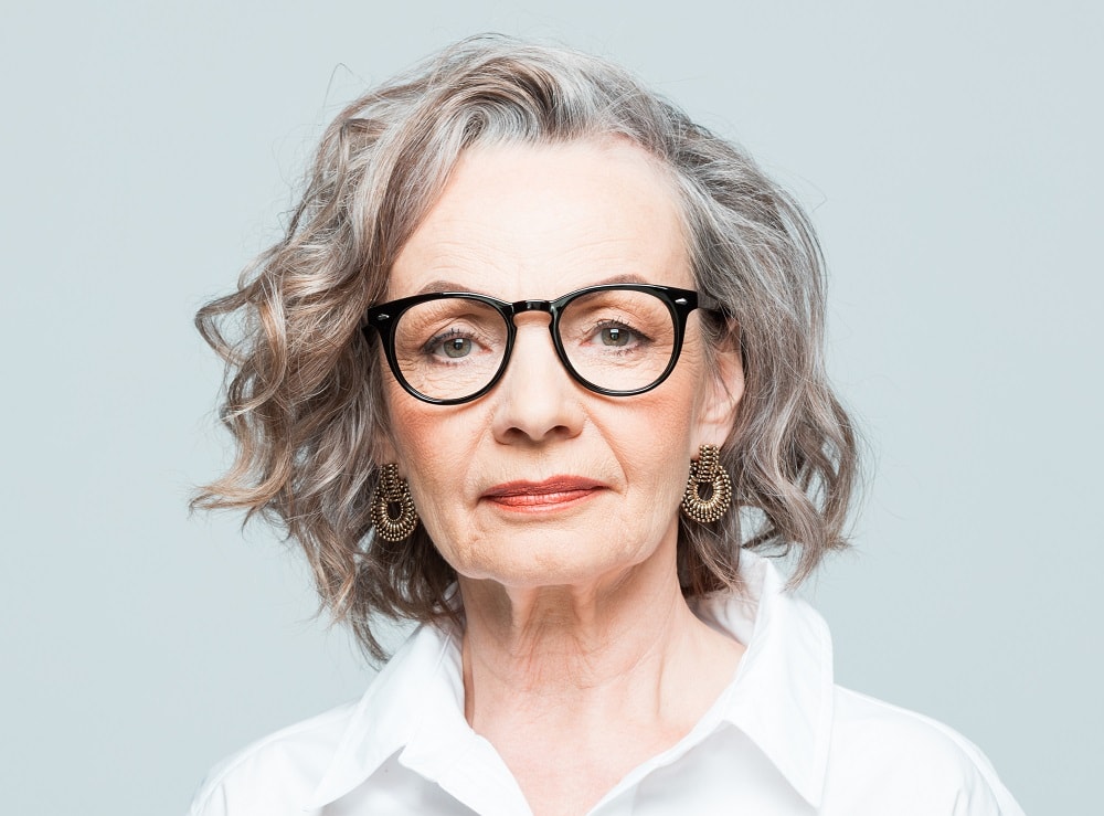 grey bob for over 60 with glasses