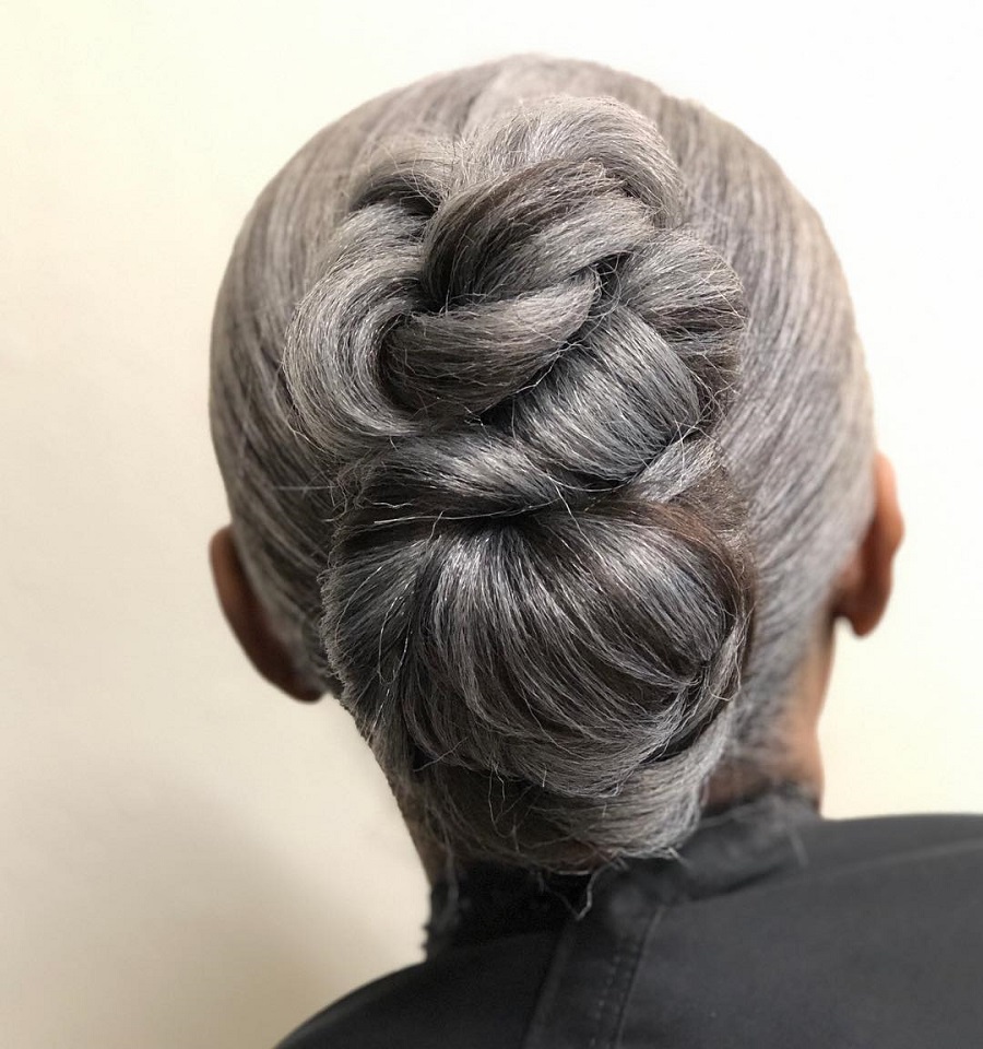 grey braided updo for over 50