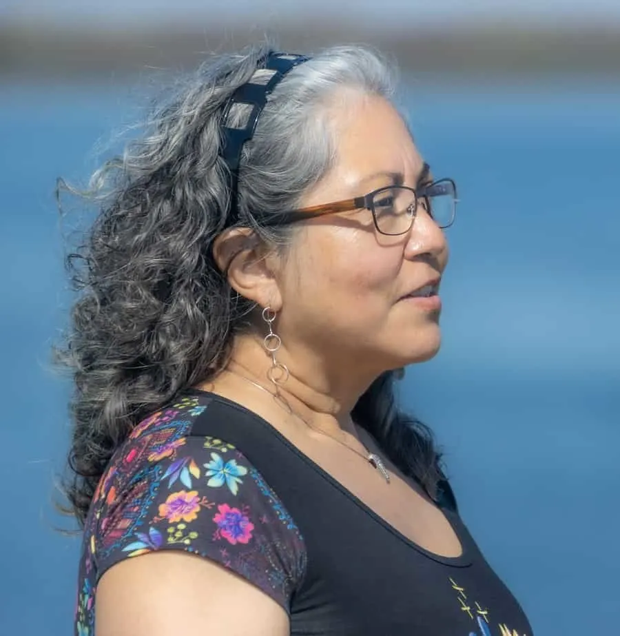 grey curly hair with headband