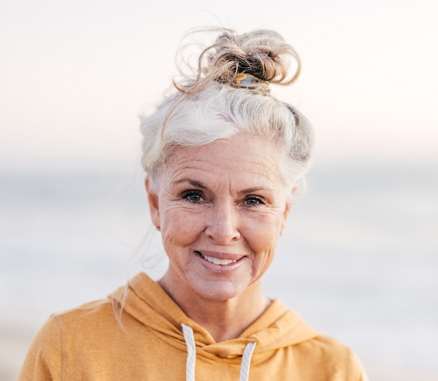 grey hair bun for women over 50