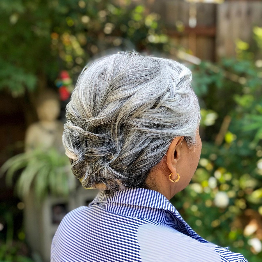 grey hair updo for over 50